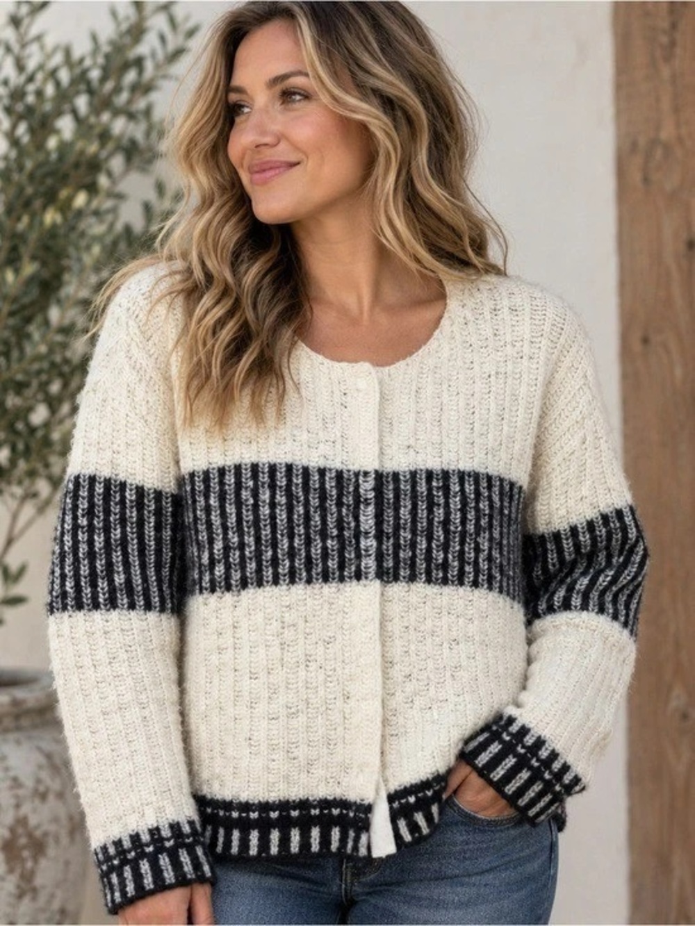 Sundance Women’s Cream and Black Striped Chunky Knit Wool Sweater Medium